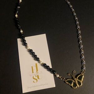 Handmade Black Onyx and Pearls Butterfly Necklace